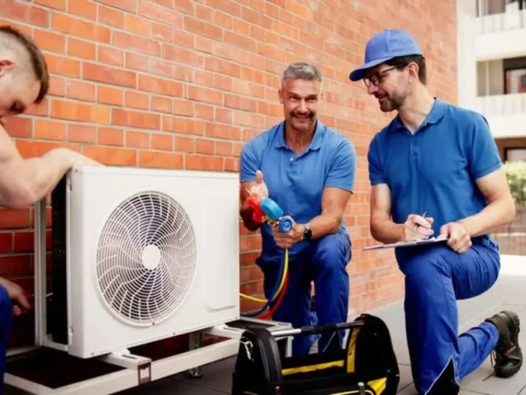 Three HVAC technicians in blue uniforms collaborating on a commercial outdoor condensing unit diagnostic in San Antonio.
