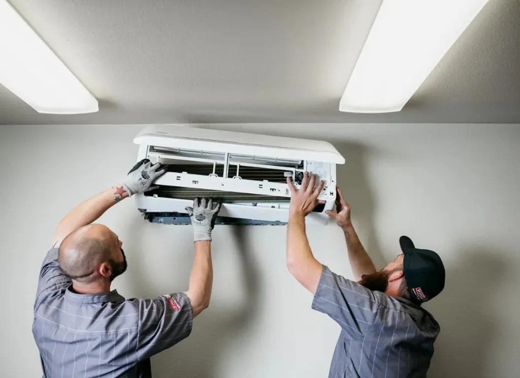Two technicians installing a wall-mounted ductless air conditioning indoor handler unit in San Antonio.
