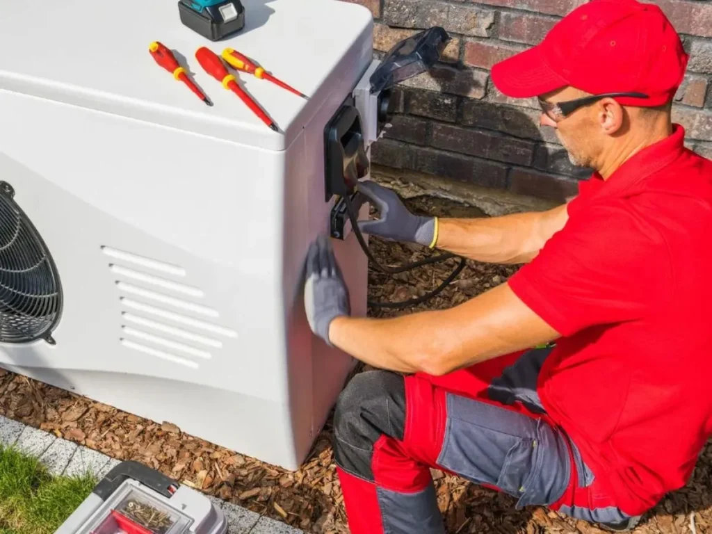 HVAC technician in red uniform and cap repairing a white outdoor heat pump unit near a brick wall.