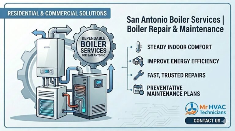 Professional graphic for San Antonio Boiler Services showing a technician inspecting a heating system, highlighting boiler repair and maintenance solutions for residential and commercial properties by MR HVAC Technicians