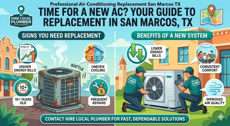 Infographic guide for air conditioning replacement san marcos tx by Hire Local Plumber, comparing old AC warning signs with new system benefits.