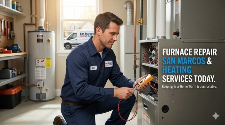A professional technician servicing a home heating system, with text overlay for furnace repair san marcos.